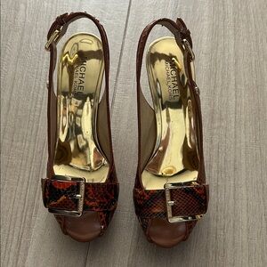 Michael Kors Snakeskin Peep-Toe Heels in Brown and Orange